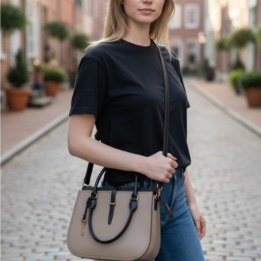 Fossil Ryder Colorblock Leather Satchel Crossbody Bag Taupe Black